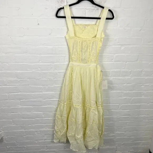 Tularosa Women's Eleanora Embroidered Dress Smocked Mellow Yellow Size S NWT - Picture 4 of 12